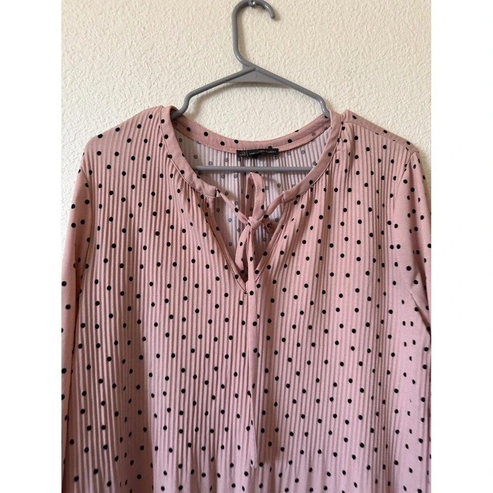 Adrianna Papell Womens Blouse Pink Polka Dot Tie Neck Long Sleeve Top L
